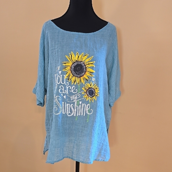 Tops - Blue and Yellow Boxy Tunic with Short Sleeves L